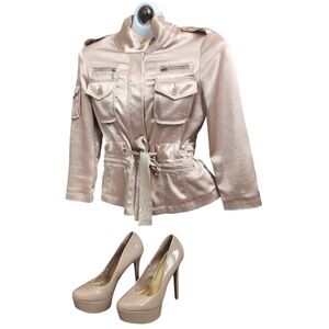 Bebe Shiny Military Inspired Utility Luxe Feminine Satin Belted Blazer  2